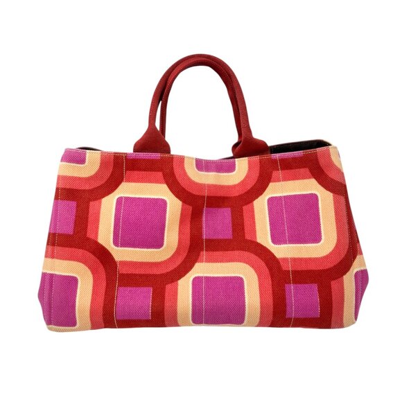 PRADA Vintage Logo Tote Bag Canapa Stampata Canvas Multicolor Red Pink  [105524] - Picture 6 of 15